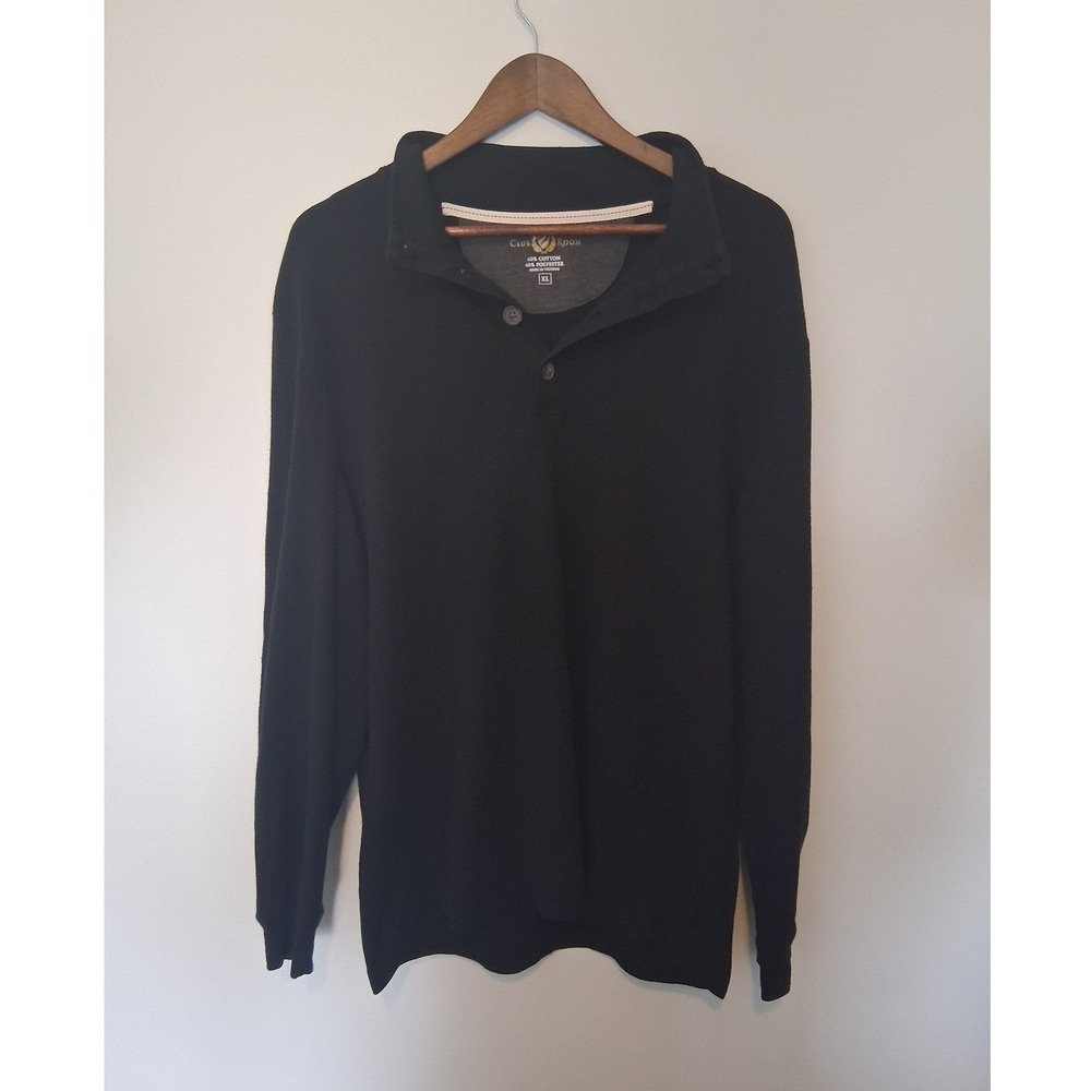 Classic Club Room Long Sleeve Polo Shirt Mens XL Black Waffle Knit 2-Button HO16